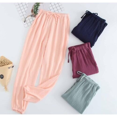 JULYS SONG Sleep Bottoms Cotton Breathable Long Pants Pajamas Loose Solid Elastic Waist Couples Casual Pants Female Homewear
