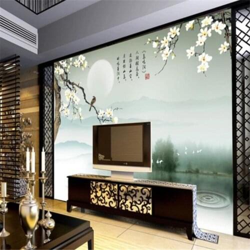 Custom Mural Wallpaper Magnolia Flower Bird Ink Landscape Background Wall Painting