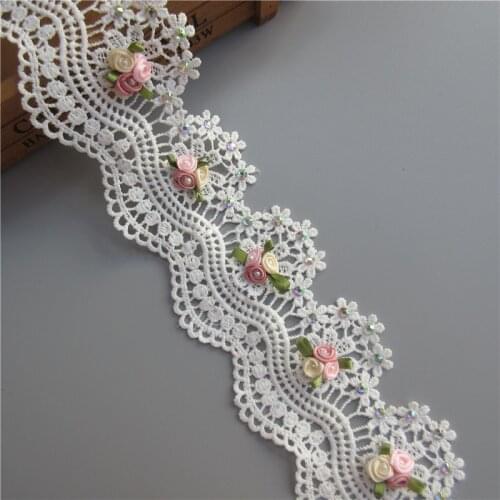 1yd Soluble Cotton Flower Diamond Pearl Embroidered Fabric Lace Trim Ribbon Handmade DIY Sewing Craft For Costume Hat Decoration