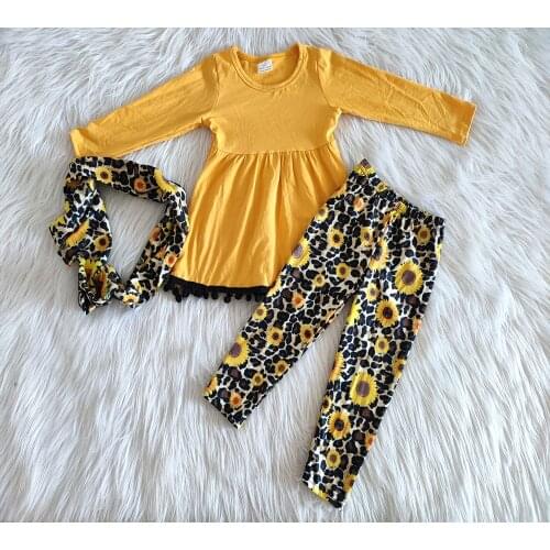 Retail sunflower outfit baby girls autumn yellow 3pcs set with scarf kid boutique childrens clothing suits with leopard