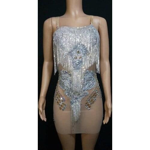 Mesh Bling Rhinestones Dress Evening Performance Birthday Prom Stage Costume Dresses Crystal See-Through Tassels Dress DT1359