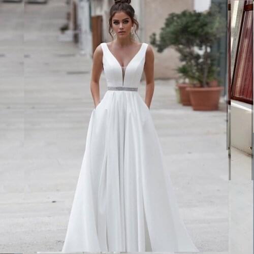 A-line Wedding Dress Backless Satin 2021 Spaghetti Strap Floor Length With Pocket Robe De Mariee Cheap Belt Tank White For Women