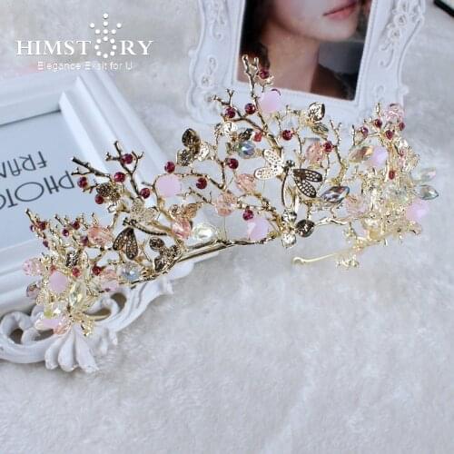 Himstory Brides Hair Jewelry Baroque Handmade Beaded Luxury Pink Gold Crowns Crystal Tiara Sweet Princess Wedding Hair Accessori