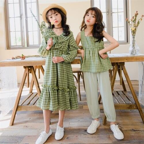 Spring Summer Childrens Clothing Big Girls Plaid Dress Casual Simple 2020 New Girls Set Shirt + Pants 2 Pcs 4-14Y Kids Clothes