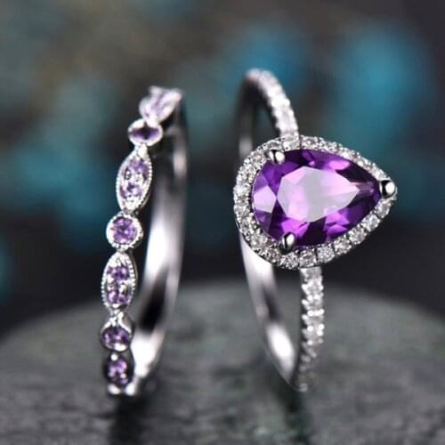 High quality Purple Stone Engagement Ring Sets For Women Filled Teardrop Zircon Birthstone Double Ring Female Gift