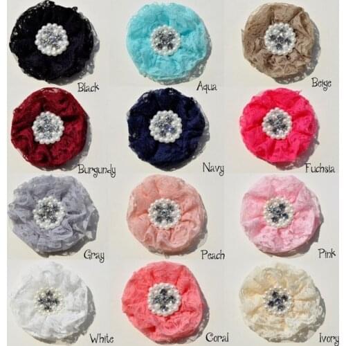 10pcs/lot 9cm 12colors Hair Clips Lace Beaded Chiffon Flower With Pearl Rhinestone Shabby Ruffled Fabric Flowers For Headbands