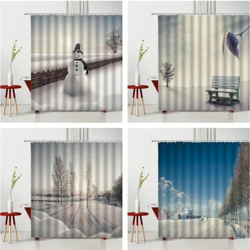 Winter Landscape Shower Curtain Snowman Road Covered With Snow Waterproof Polyester Fabric Photography Background Cloth