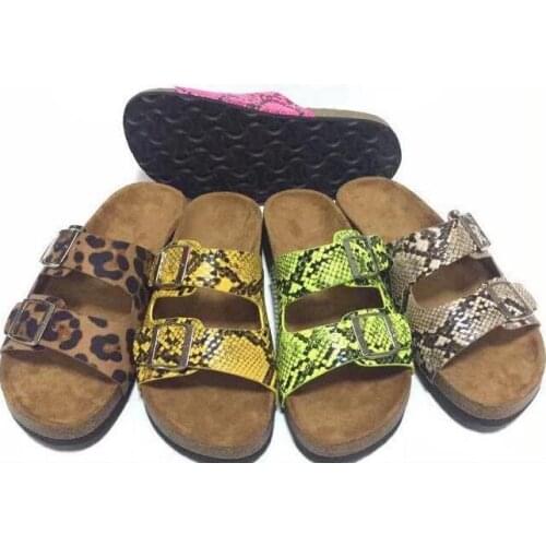 Lady sandals women new flip flop outdoor travel beach shoes snake pattern double buckle bright color slippers pu flip flop