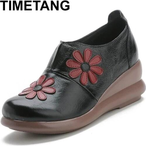 TIMETANGWomen Flat Shoes Soft Genuine Leather Casual 5 cm platform Autumn Slip-on Womens Flats For Mon Shoes For Gifts New