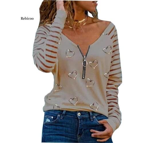 Women Cold Shoulder Long Sleeve Casual Blouse Spring Letter Heart Printed Shirt Autumn Zip V-Neck Stripe Patchwork New Tops