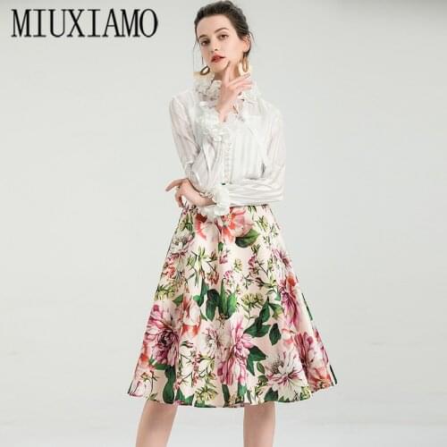 2021 New Summer Fashion Womens Sets Bow Collar Blouse + Print Short Dress Two Piece Set Elegant Office Lady