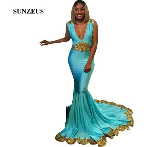Turquoise Prom Dress With Gold Appliques Sequins Mermaid V-neck Long Party Gowns Women vestido gala largo