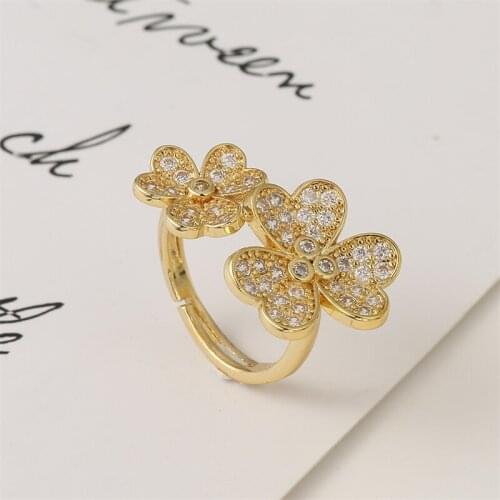 Luxury Brand Lucky Clover Flower Ring for Women Shine Zircon Cute Sweet High Quality Adjustable Rings Aesthetic Jewelry Z237
