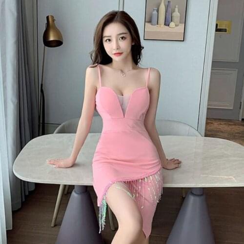 Sexy V-neck Suspender Dress Lady Tassel Sequin Dress Nightclub Women 2021 Summer Low Cut Open Back Show Thin Bag Hip Irregular