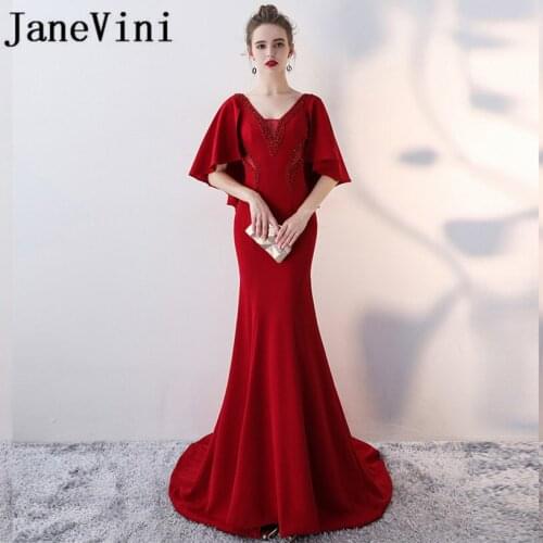 JaneVini Burgundy Beaded Mermaid Long Bridesmaid Dresses Satin V-Neck Short Sleeve Lace-up Back Sweep Train Robe Longue Rouge