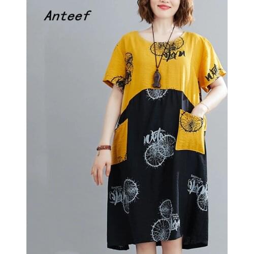 Short sleeve plus size cotton linen vintage floral dresses for women casual loose midi woman summer dress elegant clothes 2021