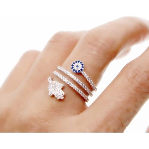 2019 fashion design silver color micro pave cz sparking high quality hamsa hand eye charm turkish lucky multi round women ring