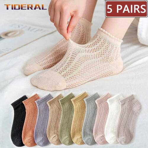 5Pairs/Set Women Cotton Short Socks Summer Thin Mesh Low Cut Soft Breathable Solid Color No Show High Quality Female Ankle Socks