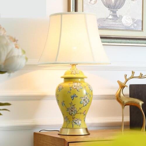 American Table Lamp Ceramic Yellow Living Room Bedside Lamp New Chinese Style All Copper Retro Dimming Jingdezhen table lamp