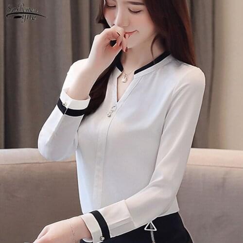 Blusas 2021 V-Neck Womens Tops and Blouses Casual Shirts Solid Chiffon Blouse Elegant Bead Shirts Full Chic Ladies Clothing 2412