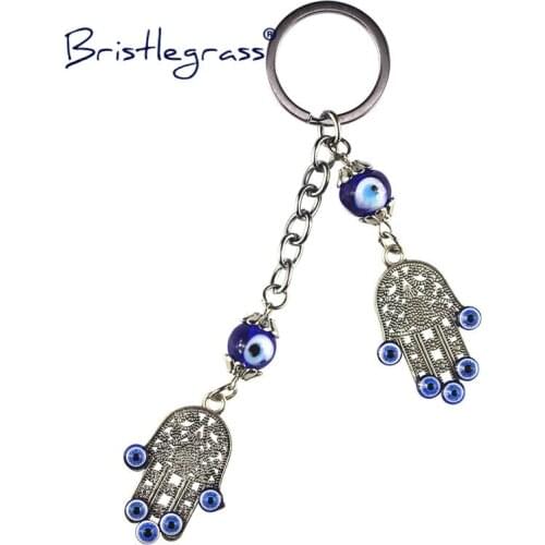 BRISTLEGRASS Turkish Blue Evil Eye Floral Hamsa Hand Key Chains Ring Holder Lover Keychains Amulet Lucky Charm Blessing Pendants