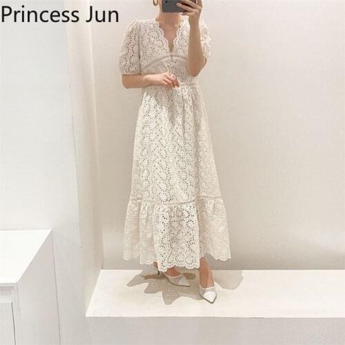 Palace Retro Princess Embroidery Long Dress Puff Sleeve Hollow Out Loose Party Dress Summer Holiday V Neck Blue Beige Slim Dress