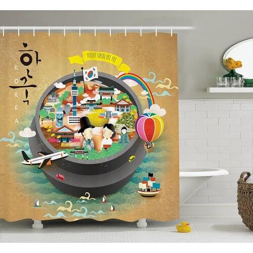Korea Shower Curtain Traditional South Korean Motifs Inside a Khimchi Hot Pot Tourist Attractions Cartoon Bath Curtains