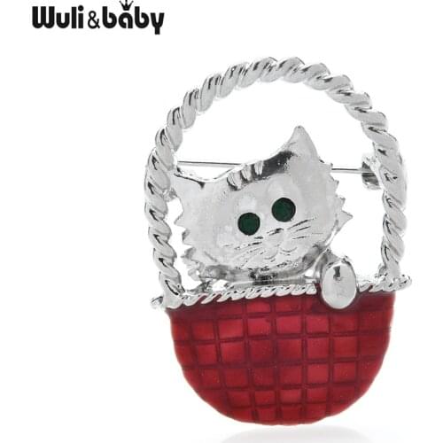 Wuli&baby In The Basket Little Cat Brooches For Women Designer Enamel Cute Pet Animal Party Casual Brooch Pin Gifts
