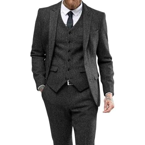 Men Suit Herringbon Casual Formal Three Piece Business Groomsmen Grey White Burgundy Lapel Tuxedos for Wedding Blazer+Pants+Vest