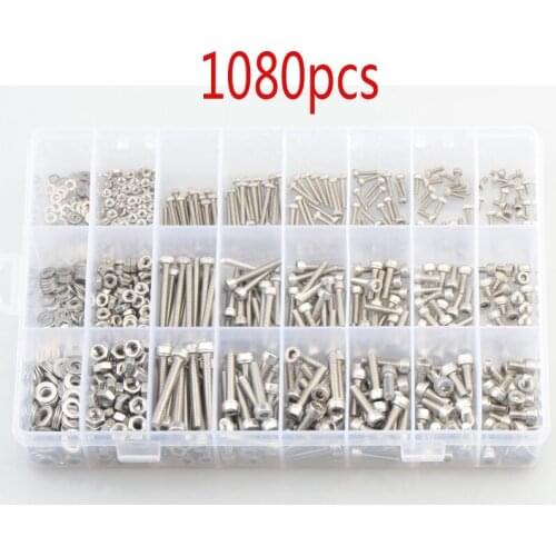 1080pcs Hex Socket Head Cap Screw Set M2 M3 M4 Stainless Steel Hexagon Flat Round Cap Head Screw Kit Assortment