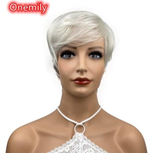 Onemily Short Straight Heat Resistant Synthetic Wigs for Old Lady Women with Bangs Theme Party Evening Out Dating Fun White