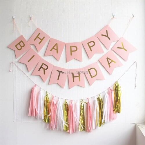 Pastel Pink Happy Birthday Banner Garland Hanging Gold Letters Bunting with Tassel Garland Decoration Party Event