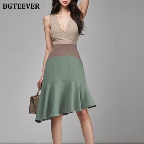 BGTEEVER Elegant V-neck Hit Color Women Dress Summer Sleeveless Slim Waist Ruffles Female Dress 2021 Irregular Ladies Vestidos