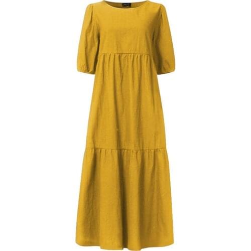 Summer Dress Women Short Sleeve Dresses Large Hem Cotton-flax Solid Color O Neck Elegant Party Loose Midi Dress