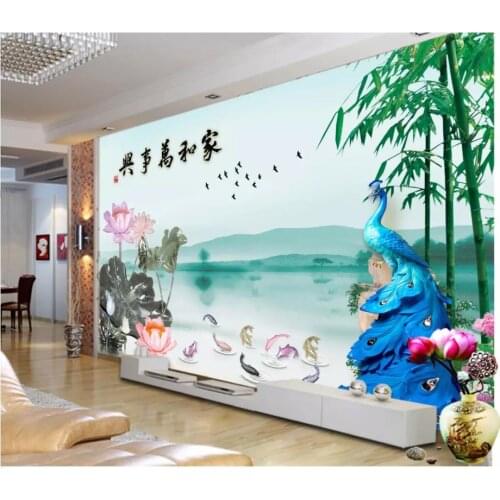 Custom photo wallpaper for walls 3 d murals wallpaper Idyllic landscape jade carving peacock lotus TV background wall papers