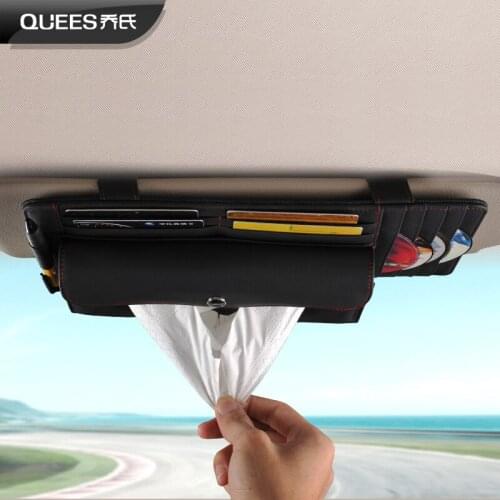 Quees Car Auto Sun Visor Sunshade Leather Multi-functional Storage Bag Car Visor Clip Organizer Tissue CD Parking Card Holder