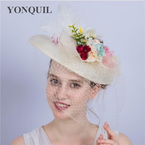 Fashion Ivory Wedding Hats And Fascinators For Bride 30CM Big Cute Style Floral Dot Veil Bowler Hat Women Banquet Party Headwear