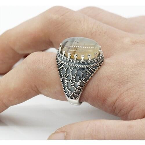 Turkish Jewelry 925 Sterling Silver Ring For Men Natural Stone Agate Stone Fashion Vintage Gift Mens Handmade Accessories
