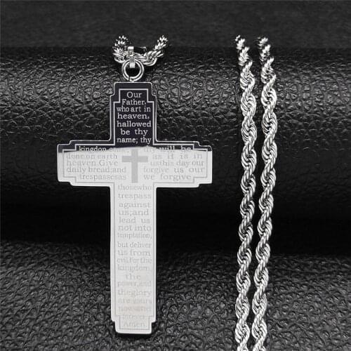 2021 Christian Bible Stainless Steel Cross Chain Necklaces Women Silver Color Long Necklaces Jewelry collier croix N6019S05