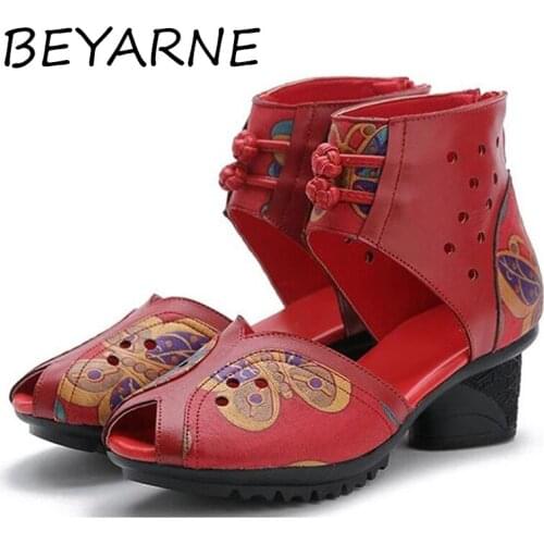 BEYARNEWomen Peep Toe High Heel Sandals Ankle Strap Pumps Party Casual Genuine Leather Shoes