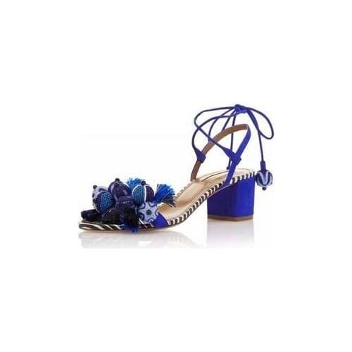 Gullick Hot Selling Ladies Blue Cross-Strap Square Heels Sandals Lace UP Fringe Ball Square Heels Shoes