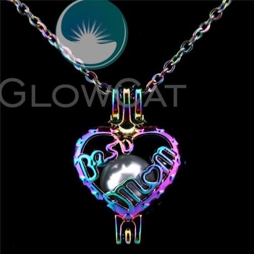 C205 Rainbow Color Heart Best MOM Beads Cage Essential Oil Diffuser Aroma Pearl Cage Locket Necklace Women Party Gift