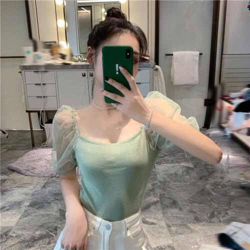 Woman Sweaters Pullover T-shirt Womens Top off-Shoulder Puff Sleeve Mesh Stitching Short Sleeve Summer Femme Chandails