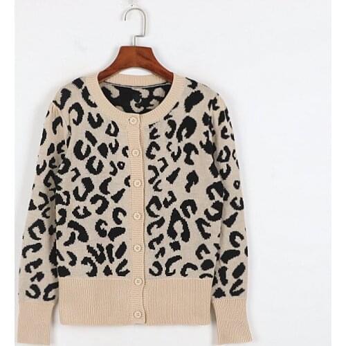 2021 Autumn Leopard Jacquard Knitted Cardigan Women Vintage Sweater Coat O-Neck Buttons Wool Blend Cardigan Ladies Knitwear