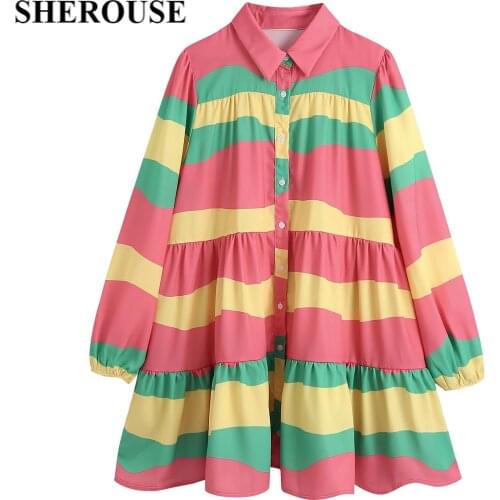 SHEROUSE Fashion Women Patchwork Printed Sweet Shirt Dress Single Breasted Long Puff Sleeves Kawaii Woman Short Dresses Robe
