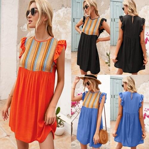 Summer Dress Women Robe Femme Patchwork A-Line Dress Hollow Out Button Ruffle O-Neck Sleeveless Dress For Woman Vestido De Mujer