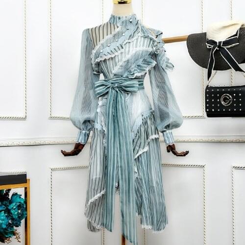 Liling New Strapless Runway sleeved frill striped tie A Word edition fashion dress spring