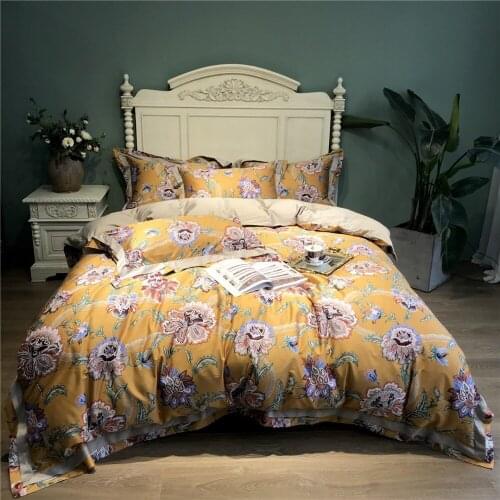 Luxury Flower Yellow printed Egyptian cotton Bedding sets Queen King Pastoral Duvet cover Bed sheet set Pillowcases 4pc 14 color