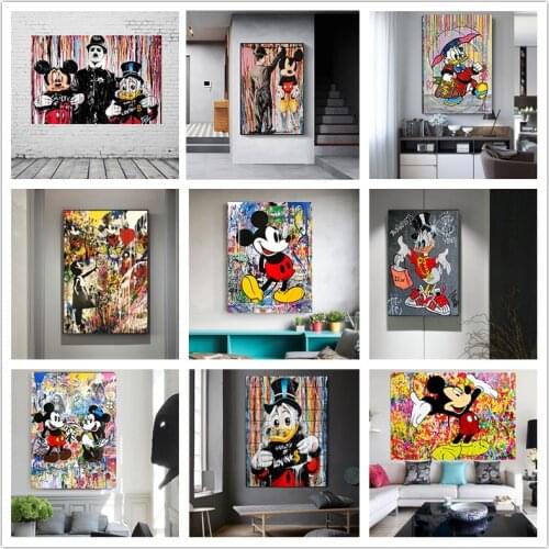 Disney Graffiti Donald Duck Mickey Mouse Wall Street Art Picture Canvas Painting Posters Prints for Living Room Decor Cuadros