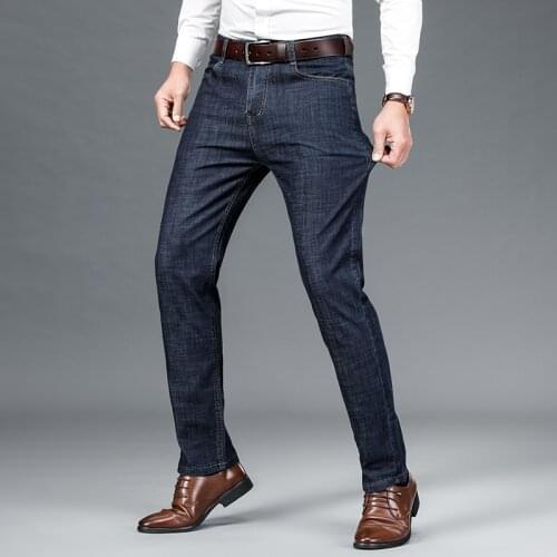 Mens Stretch Jeans Autumn Straight Elastic Business Casual Pants Classic Style Oversized Ice Silk Dark Blue Trousers Men Jeans